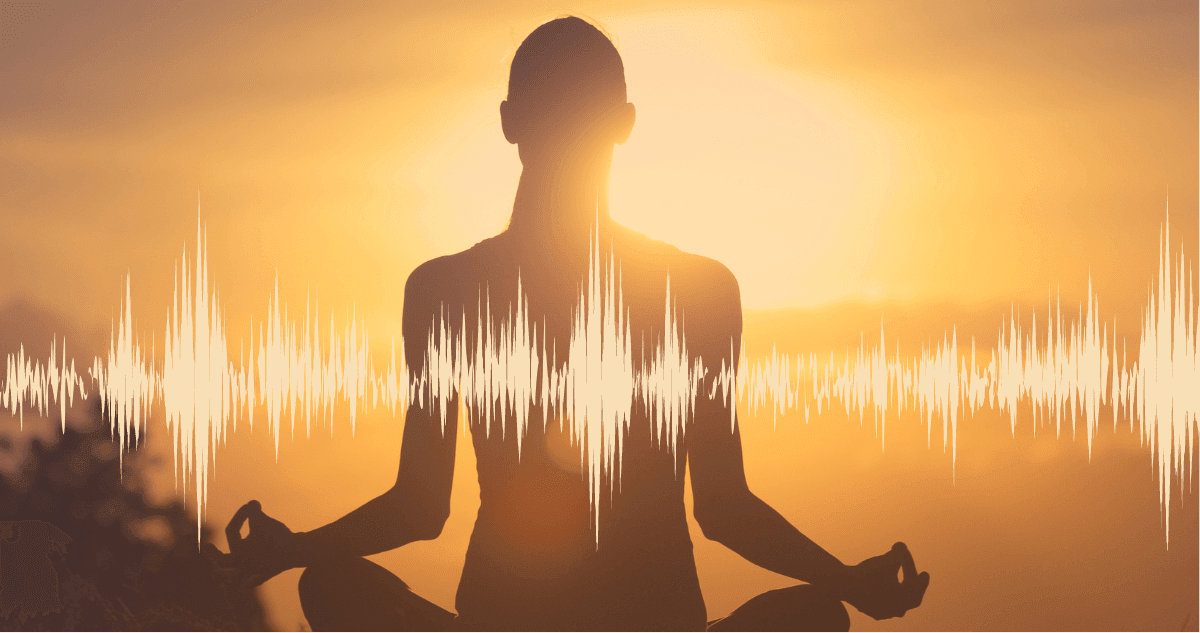 A person meditating with audio waves overlayed